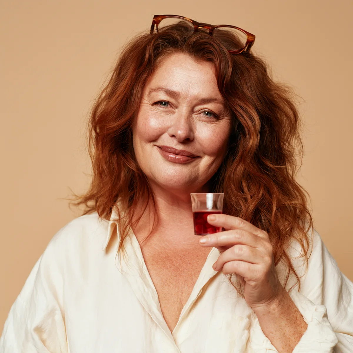 Woman in her fifties with auburn hair turning a collagen pack to look at the back with a half smile