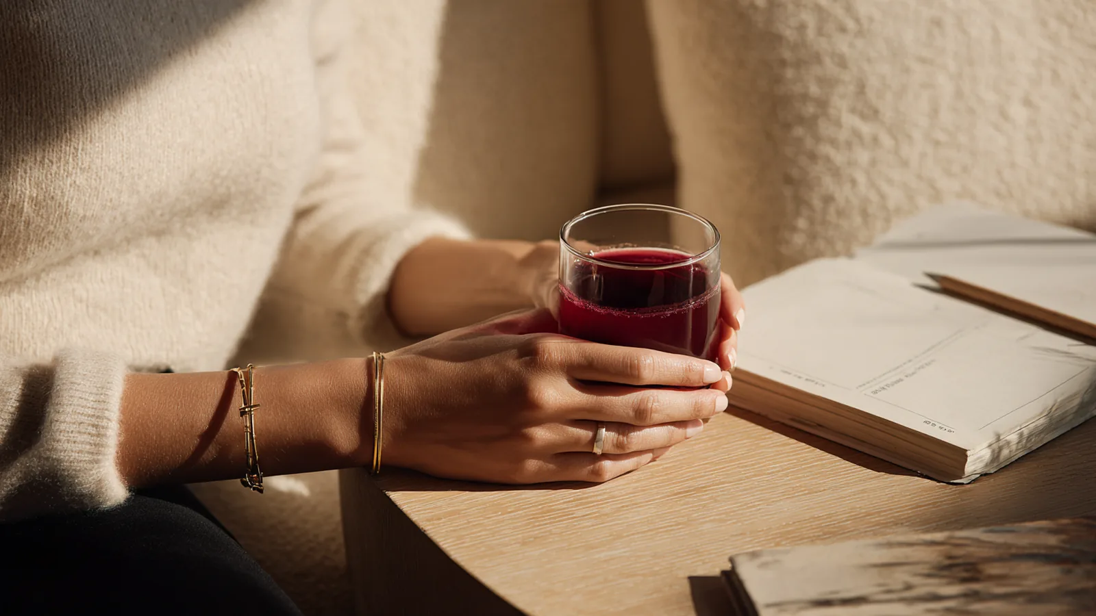 A woman's hands pouring a berry-red collagen drink into a measuring cap, with two more packs behind