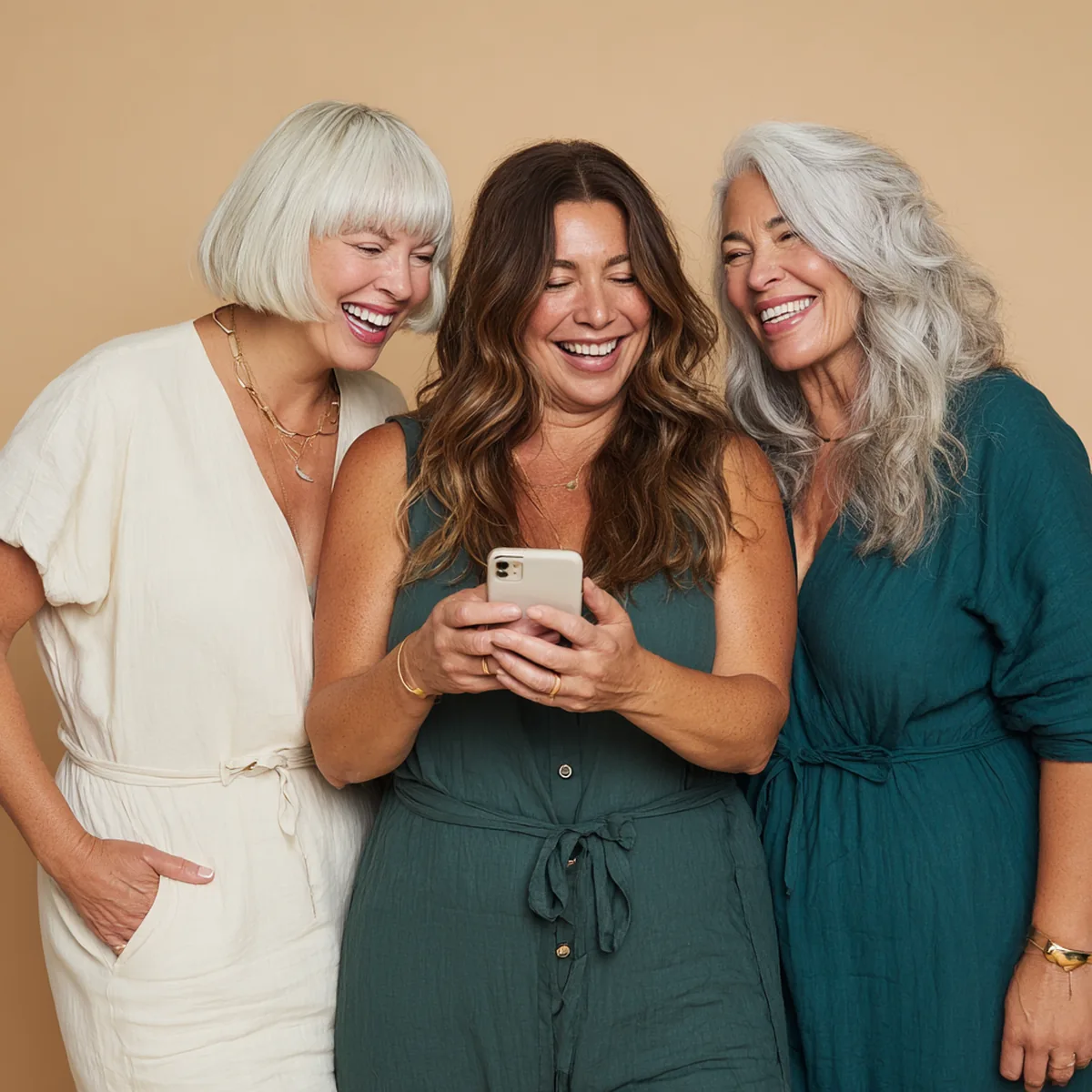 Three women in their forties and fifties laughing together as one shares marine collagen reviews on her phone