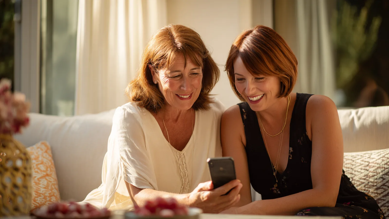 Two women on a sunny terrace, one reading collagen reviews aloud from her phone while the other laughs