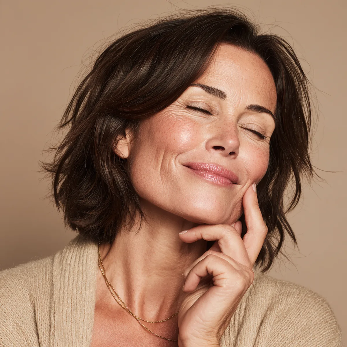 Woman in her fifties with a dark bob touching her cheek with her fingertips and laughing, natural skin