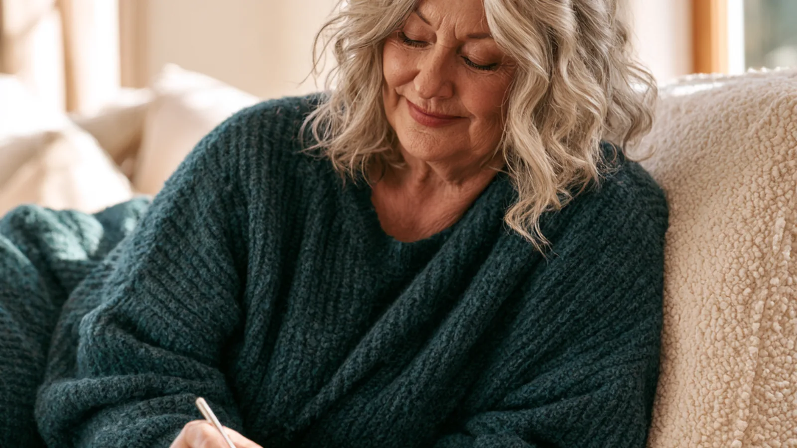 Silver-haired woman in her fifties writing in a notebook on a cream sofa beside a small glass of liquid collagen