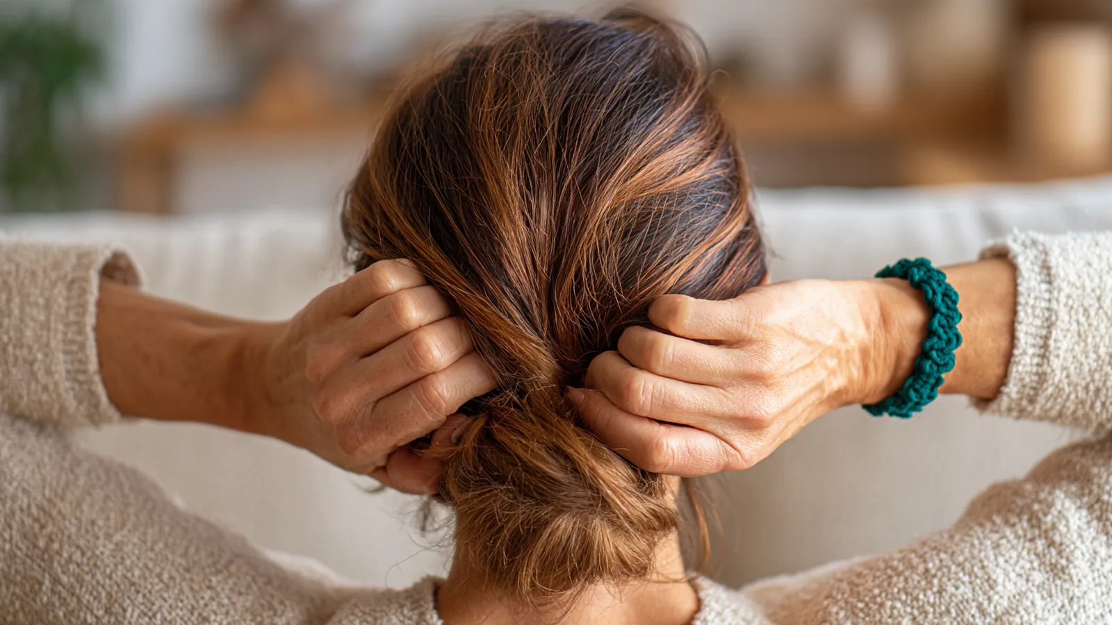 Hands with short natural nails gathering thick honey-brown hair into a low twist at the nape of the neck