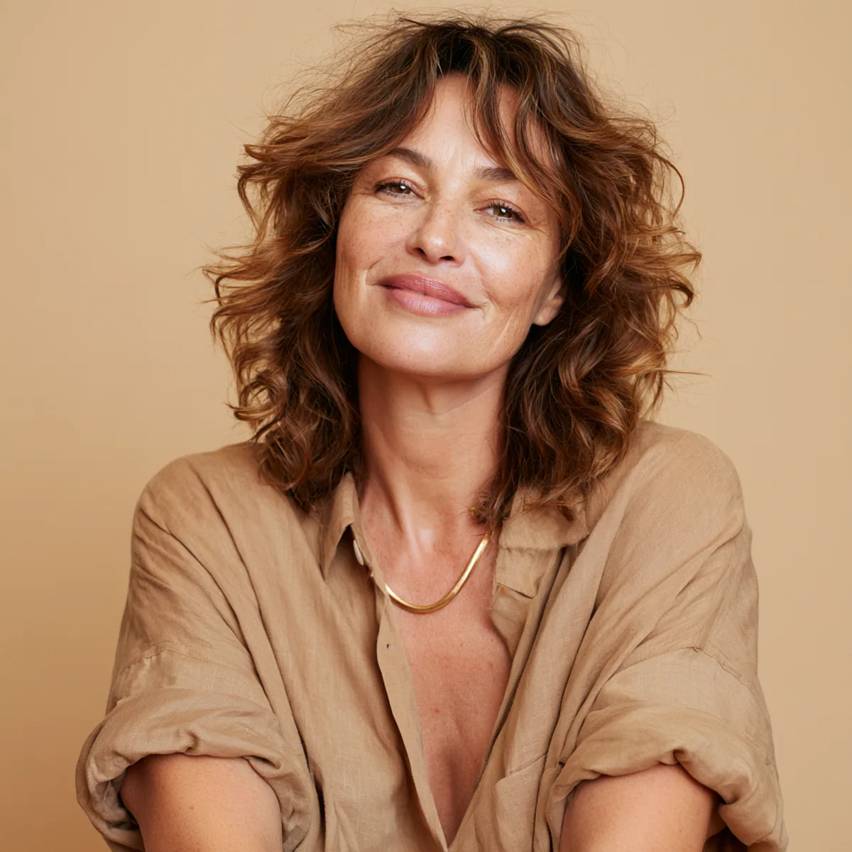 Woman in her fifties with wavy hair holding a pack of liquid collagen close to her shoulder and smiling