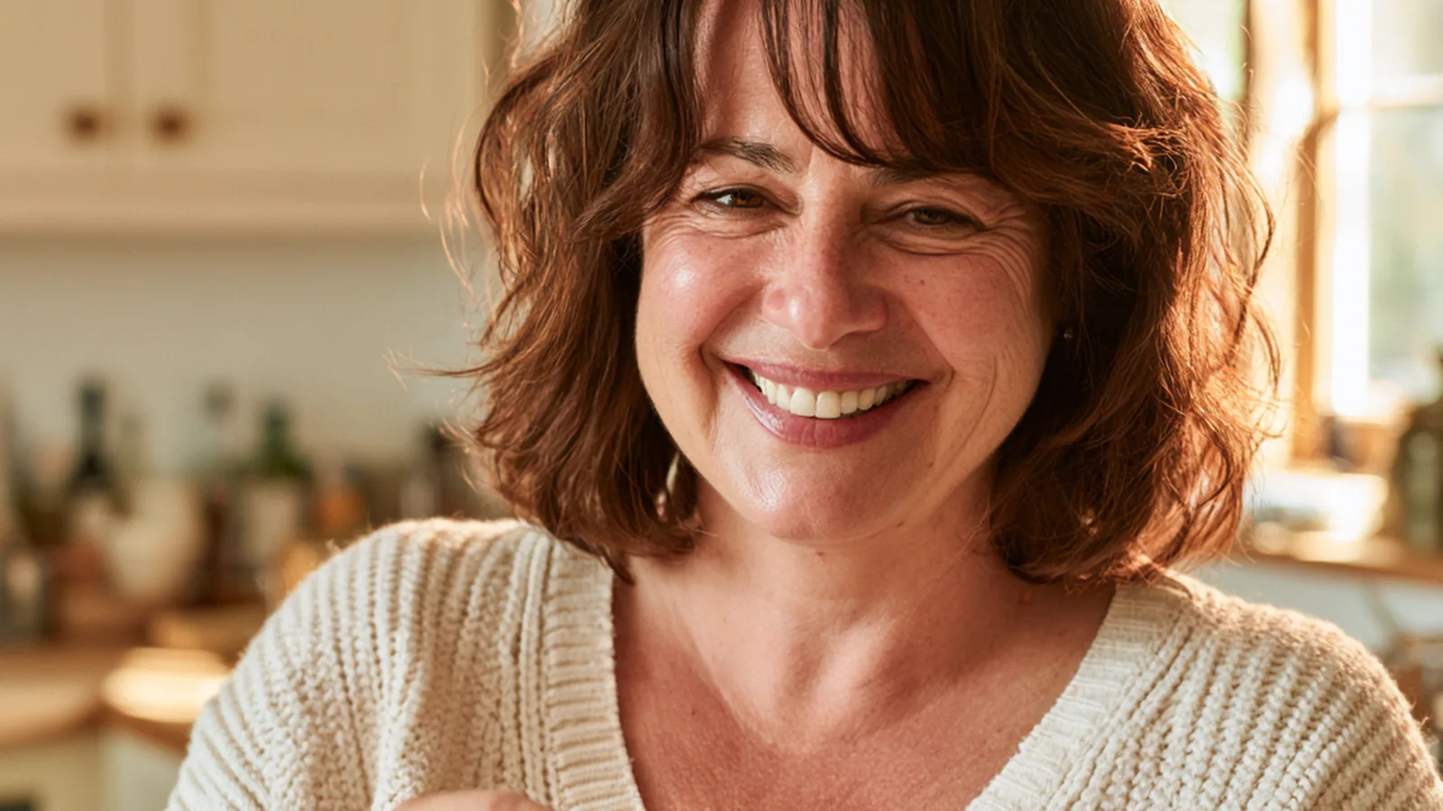 Woman in her forties smiling as she places a pack of liquid collagen on a fridge shelf beside a jug of milk