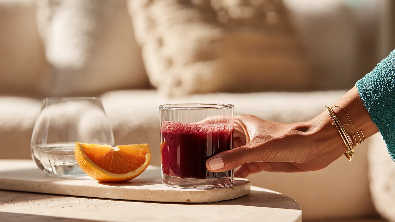 A woman's hand reaching for a cap of berry-red collagen drink beside half an orange and a glass of water