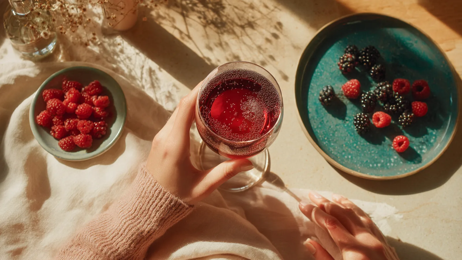 A woman's hands tipping a cap of liquid collagen into a tall glass, a few fresh berries on a cream cloth