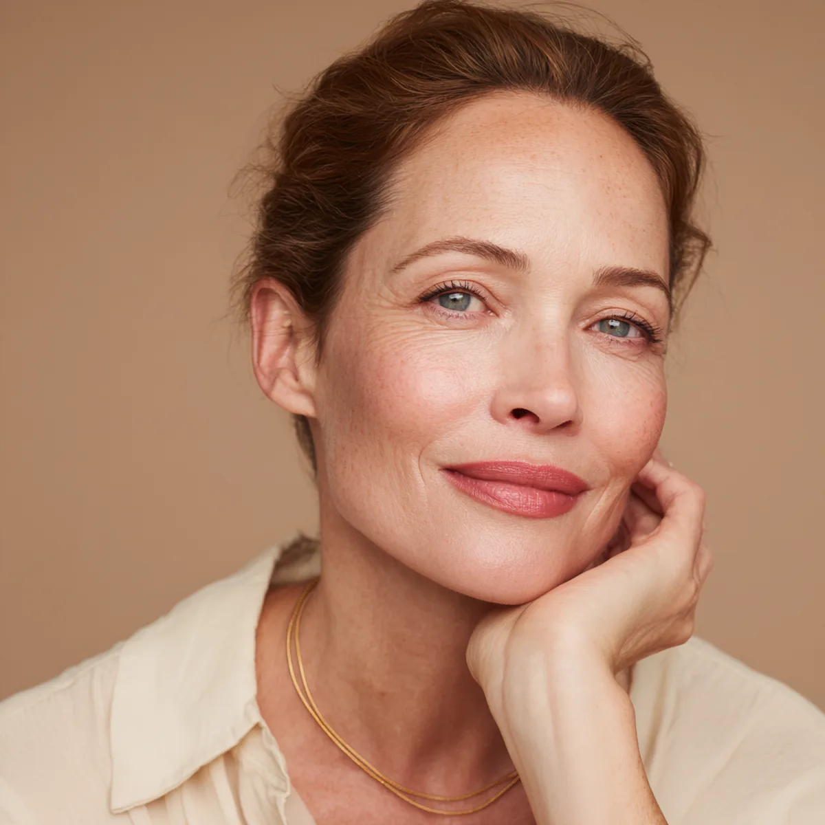Woman in her fifties with auburn hair turning her cheek to the camera, fingertips on her skin