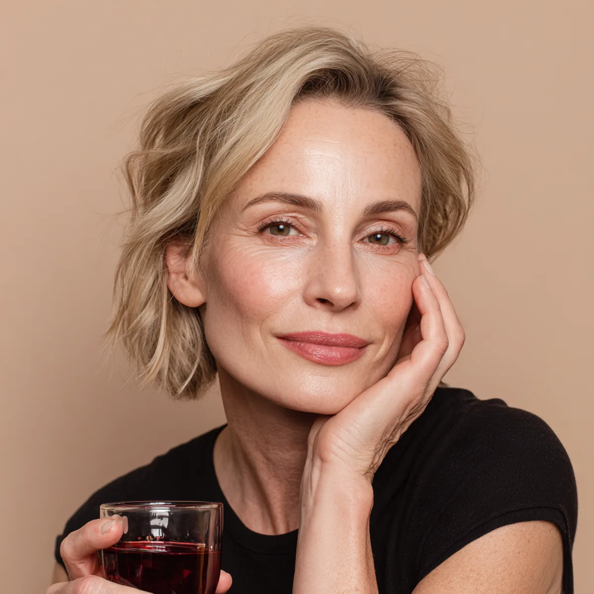 Blonde woman in her forties touching her cheek and smiling, a small glass of collagen drink in her other hand