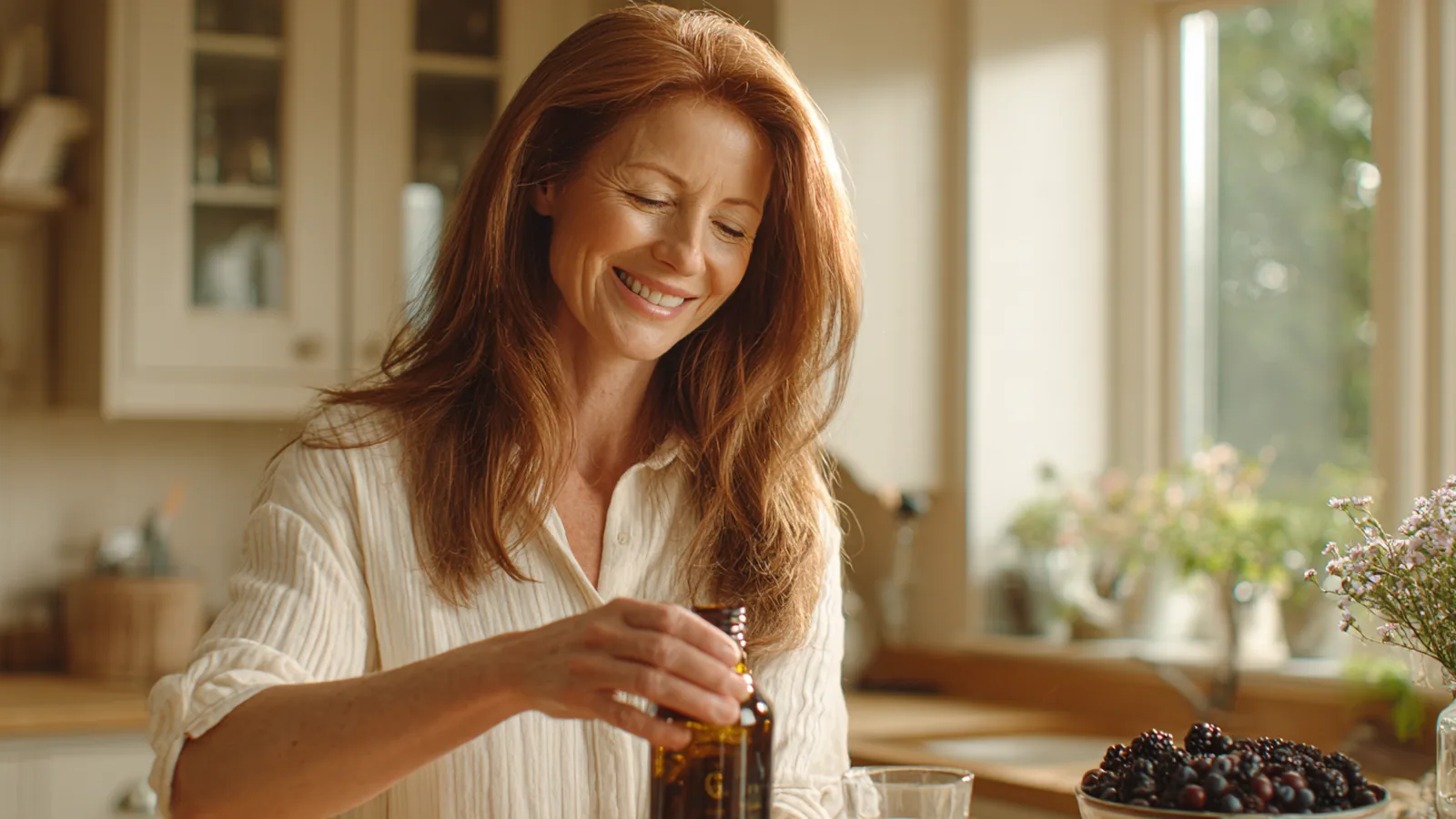 Woman in her fifties with auburn hair pouring a berry-red collagen portion at a pale oak kitchen counter