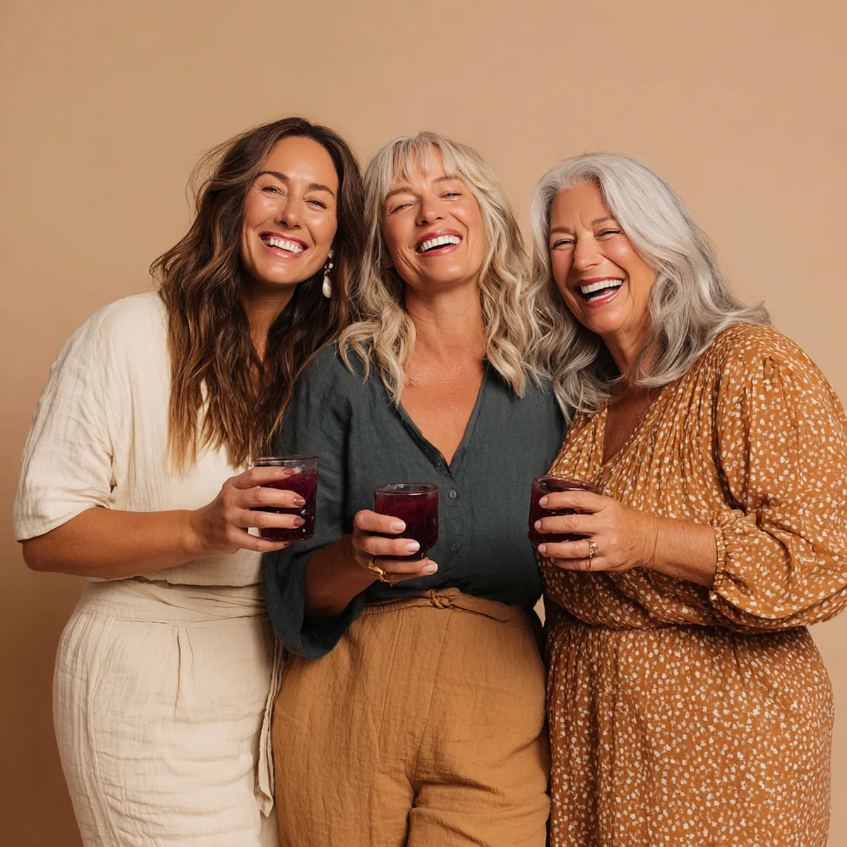 Three women in their forties and fifties laughing together, each holding up a small glass of liquid collagen