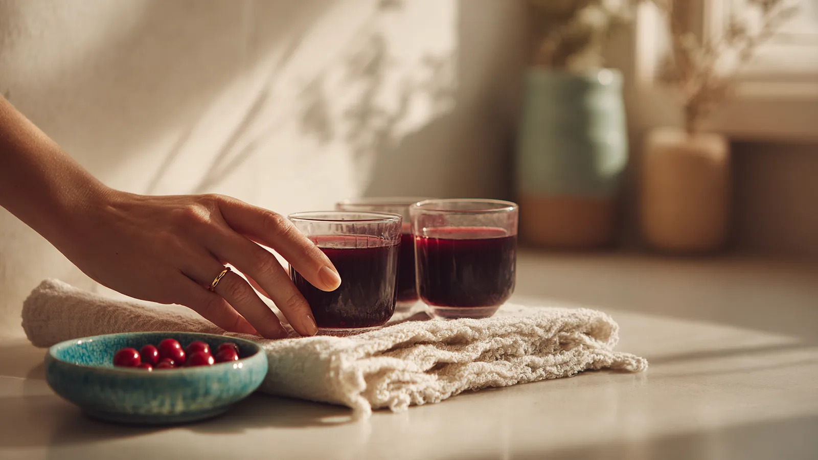 A woman's hand reaching for the first of three small glasses of berry-red liquid collagen on an oak counter
