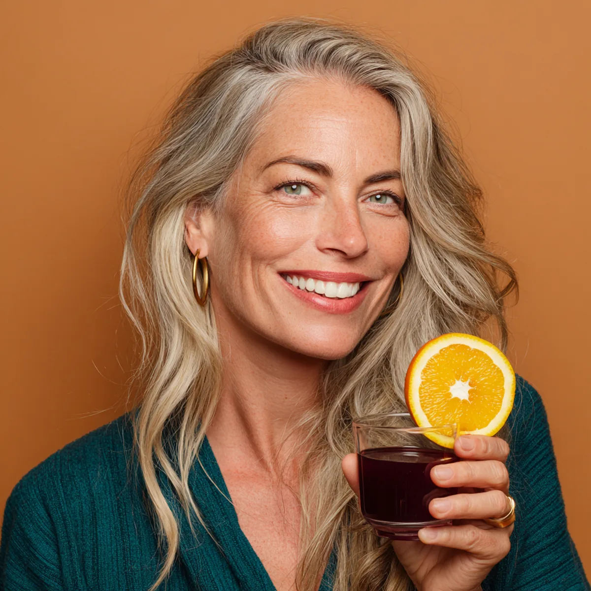 Smiling blonde woman in her forties holding half an orange beside her face and a small glass of collagen drink