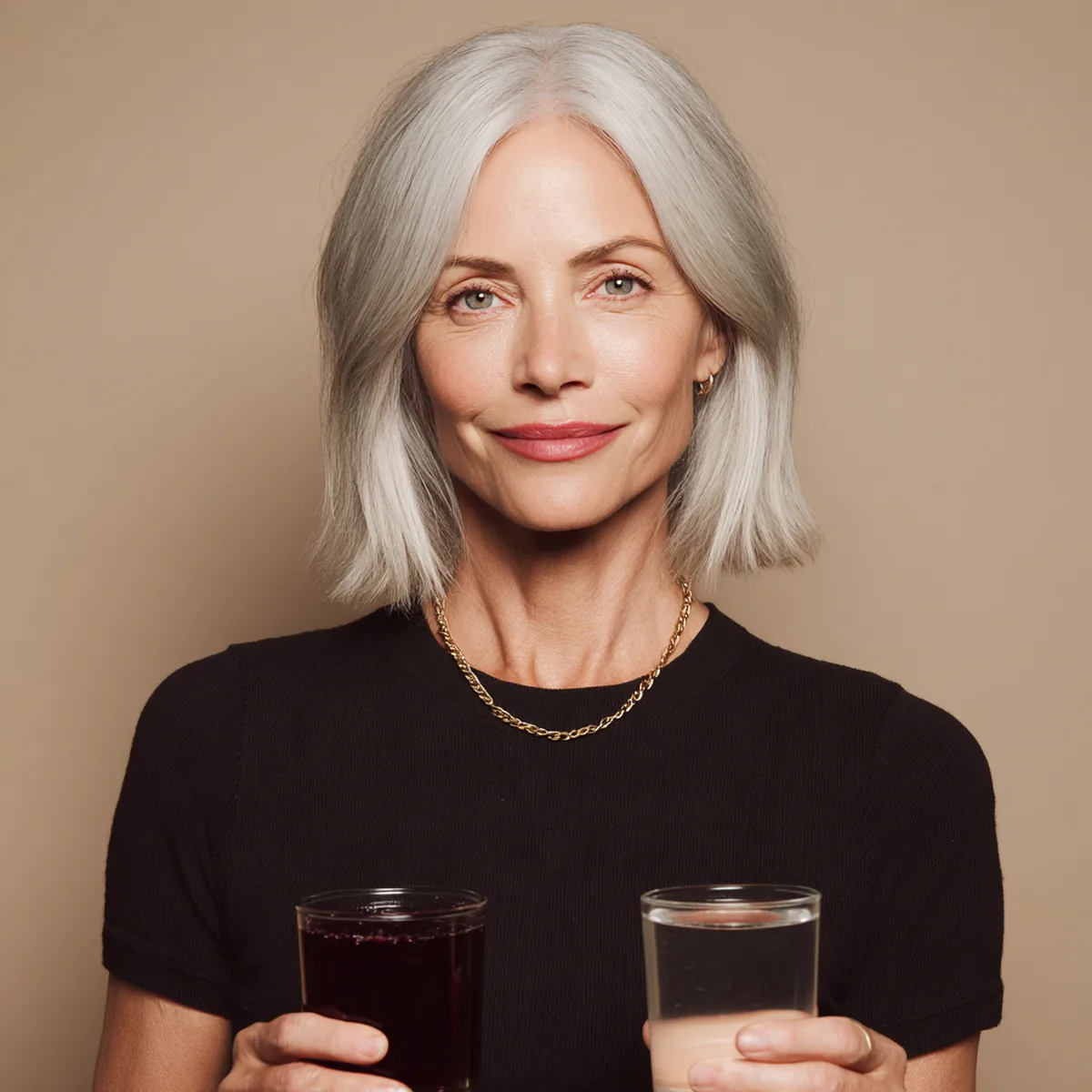 Woman in her fifties with a silver bob holding a berry-red collagen drink and a glass of water side by side