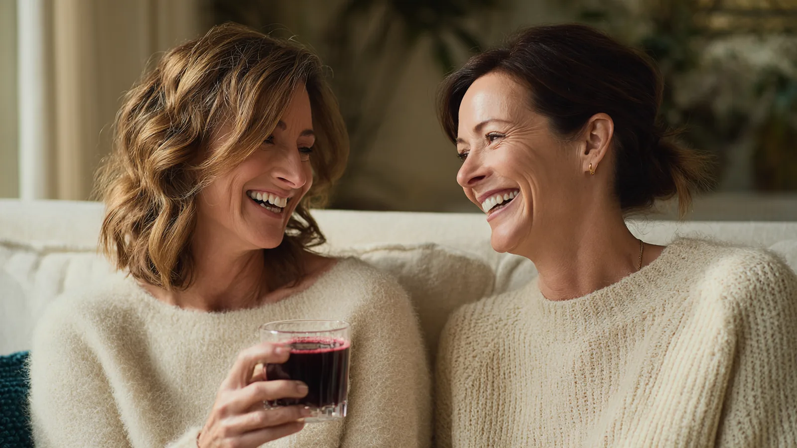 Two women on a cream sofa laughing as they clink a berry-red collagen drink against a glass of water