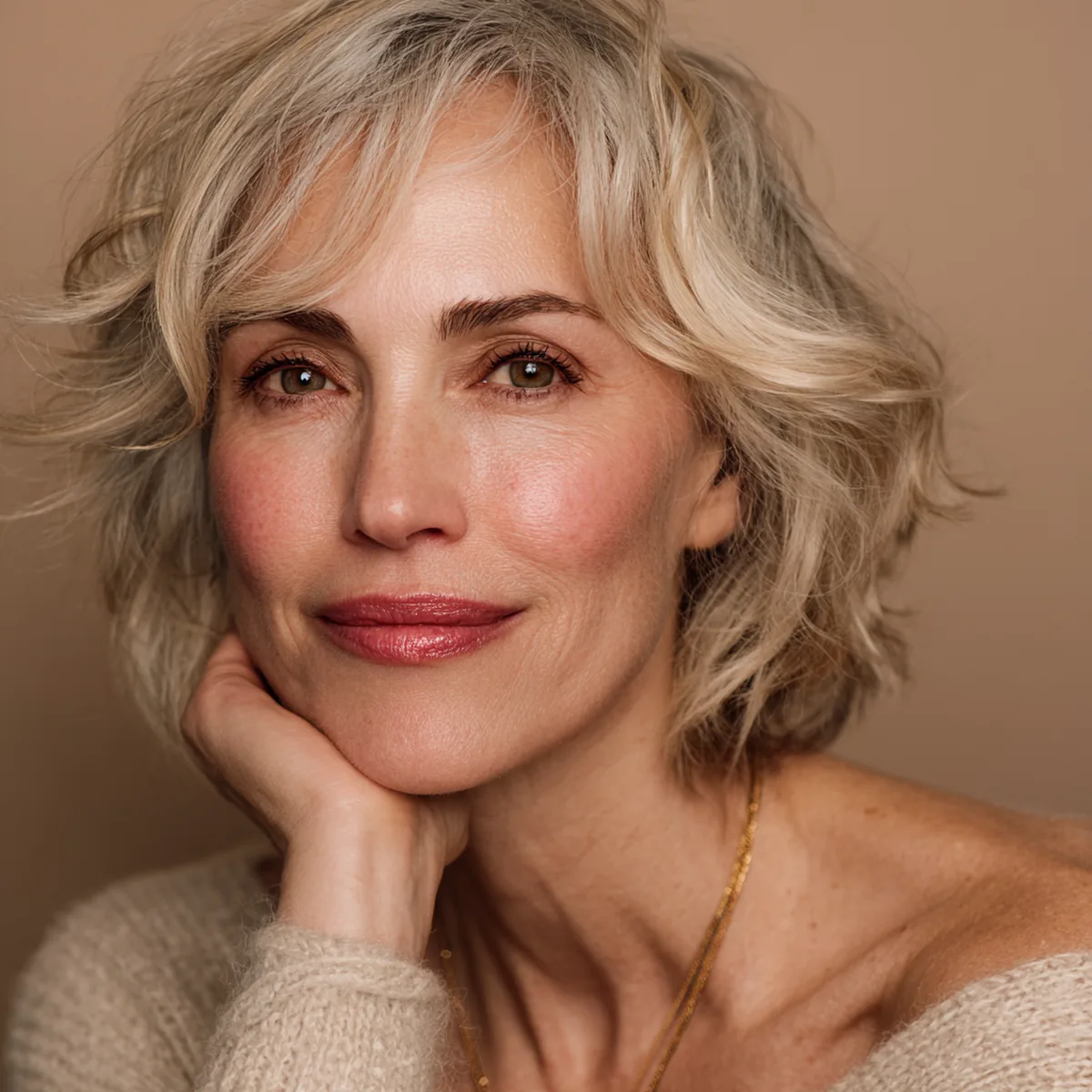 Close portrait of a woman in her fifties with a silver-blonde bob, chin on her hand, natural glowing skin
