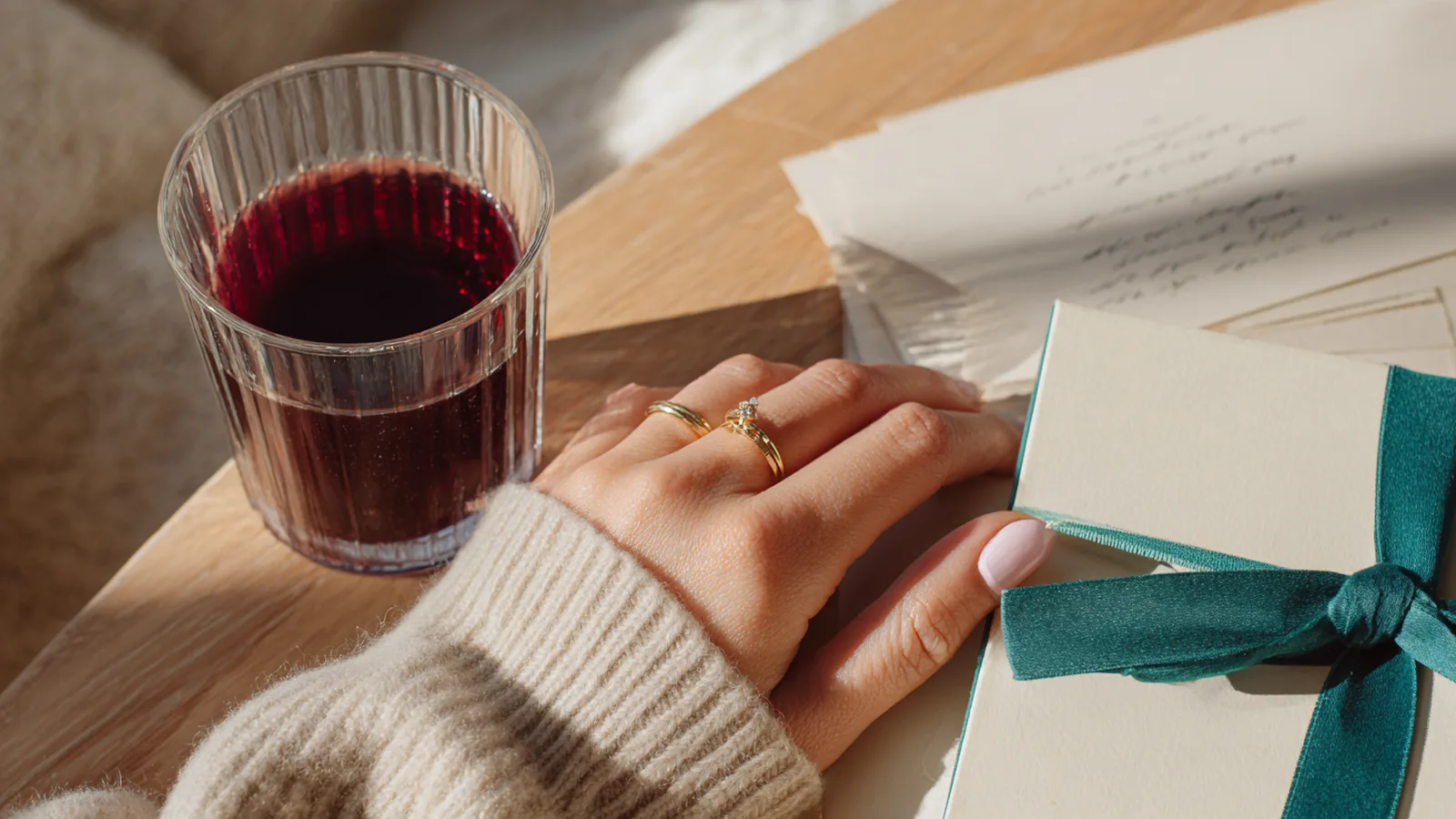 A woman's hand marking a day in a paper diary beside a small glass of berry-red collagen drink