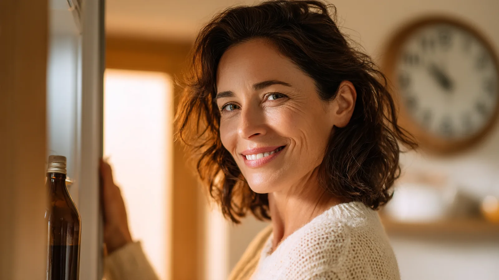 Woman in her forties taking an amber collagen pack from the fridge, smiling, a round wall clock behind her