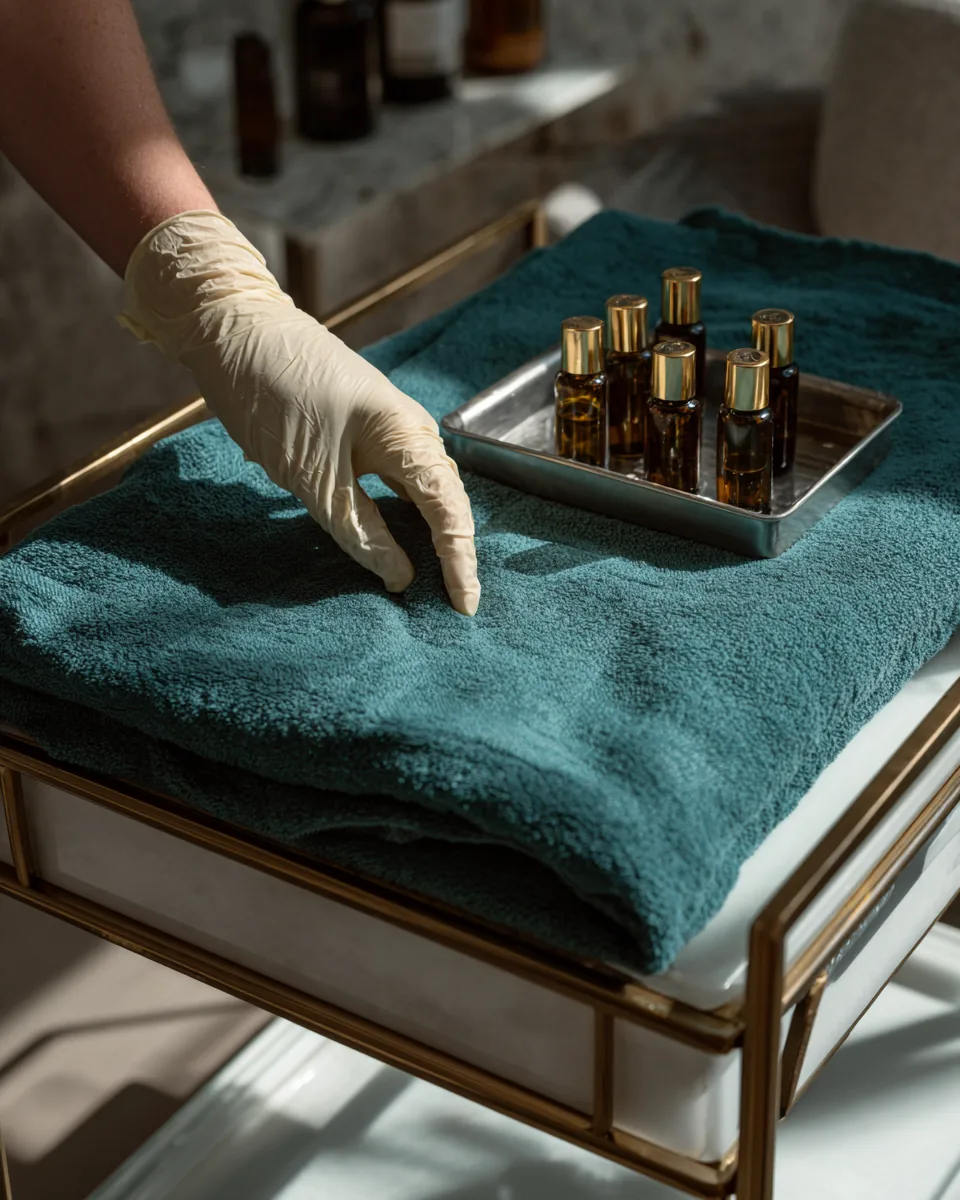 Gloved hand arranging vials on a steel tray beside a teal towel