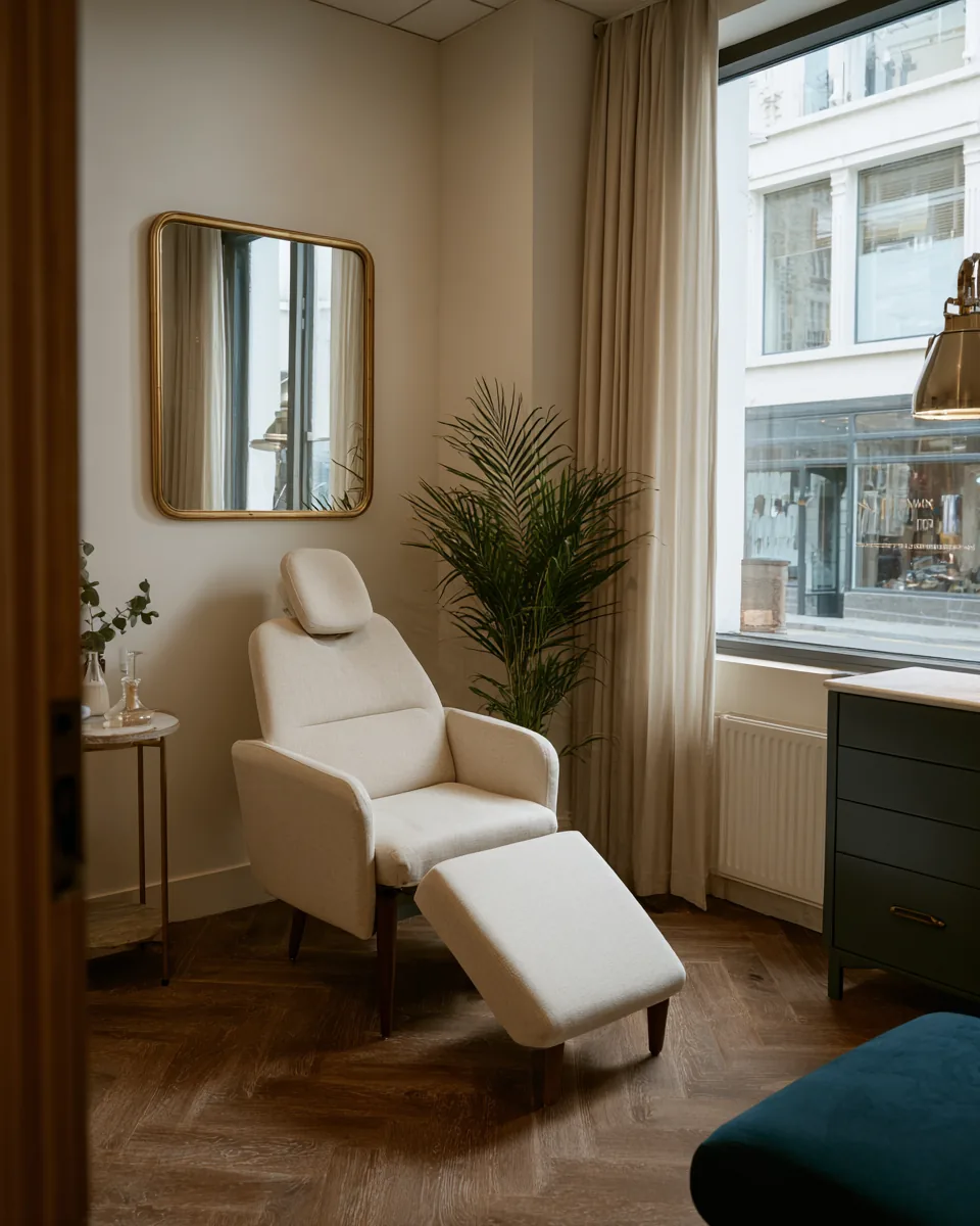 Dental treatment room with a white chair by a window