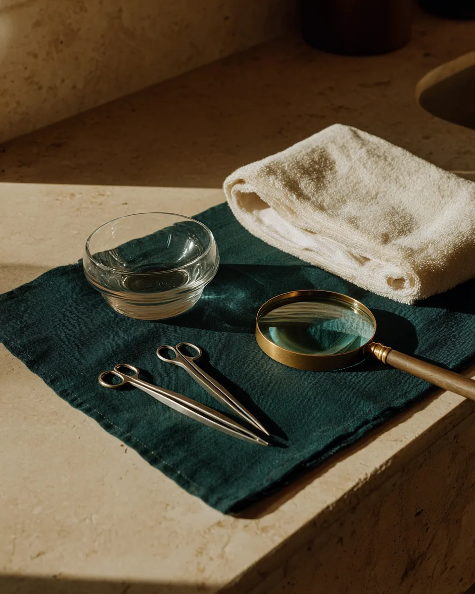Hair-transplant instruments laid on a teal surgical drape