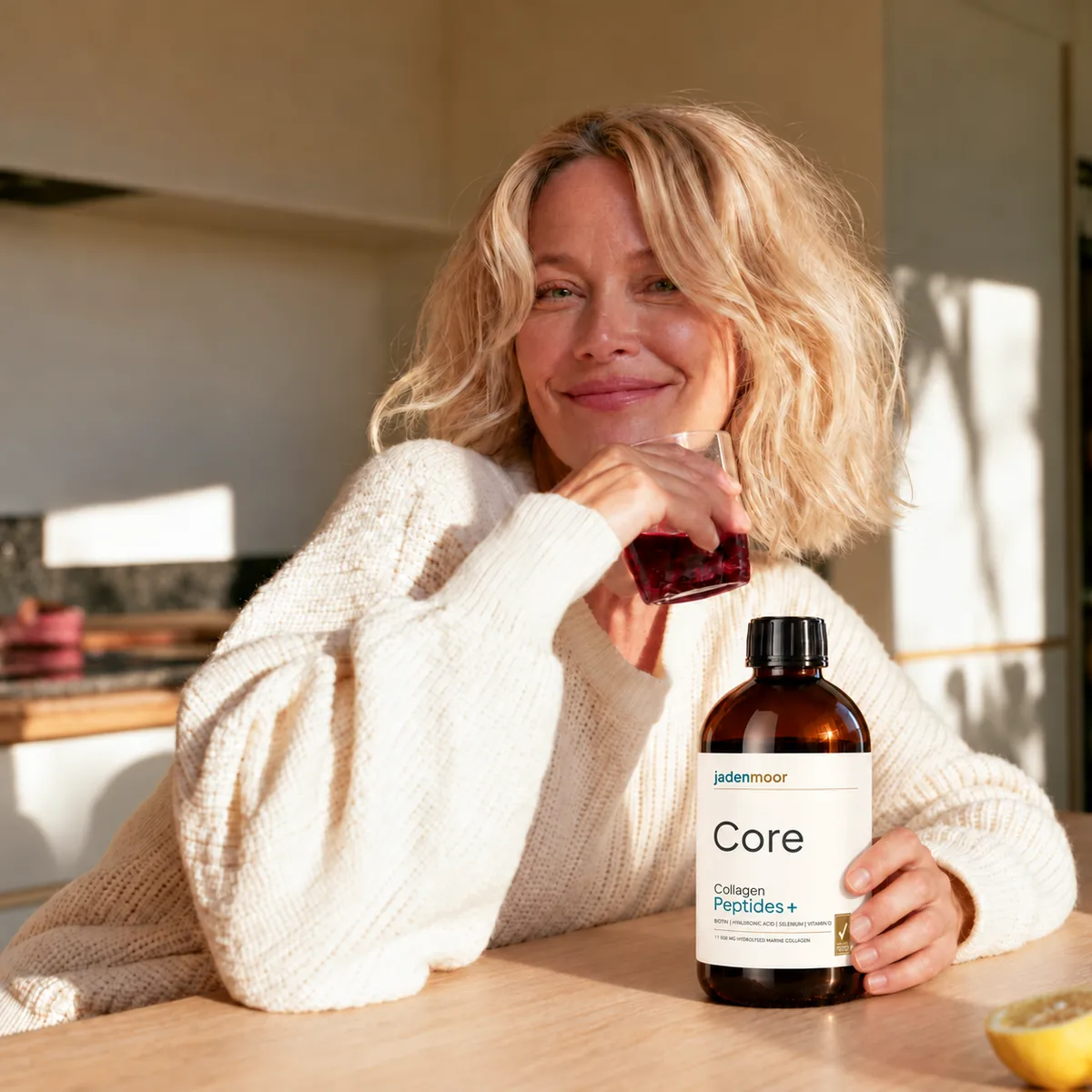 Woman in her fifties glancing at her gold wristwatch with a smile, an amber collagen pack in her other hand