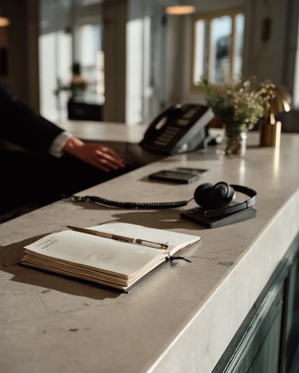 Front desk counter with a phone and a diary