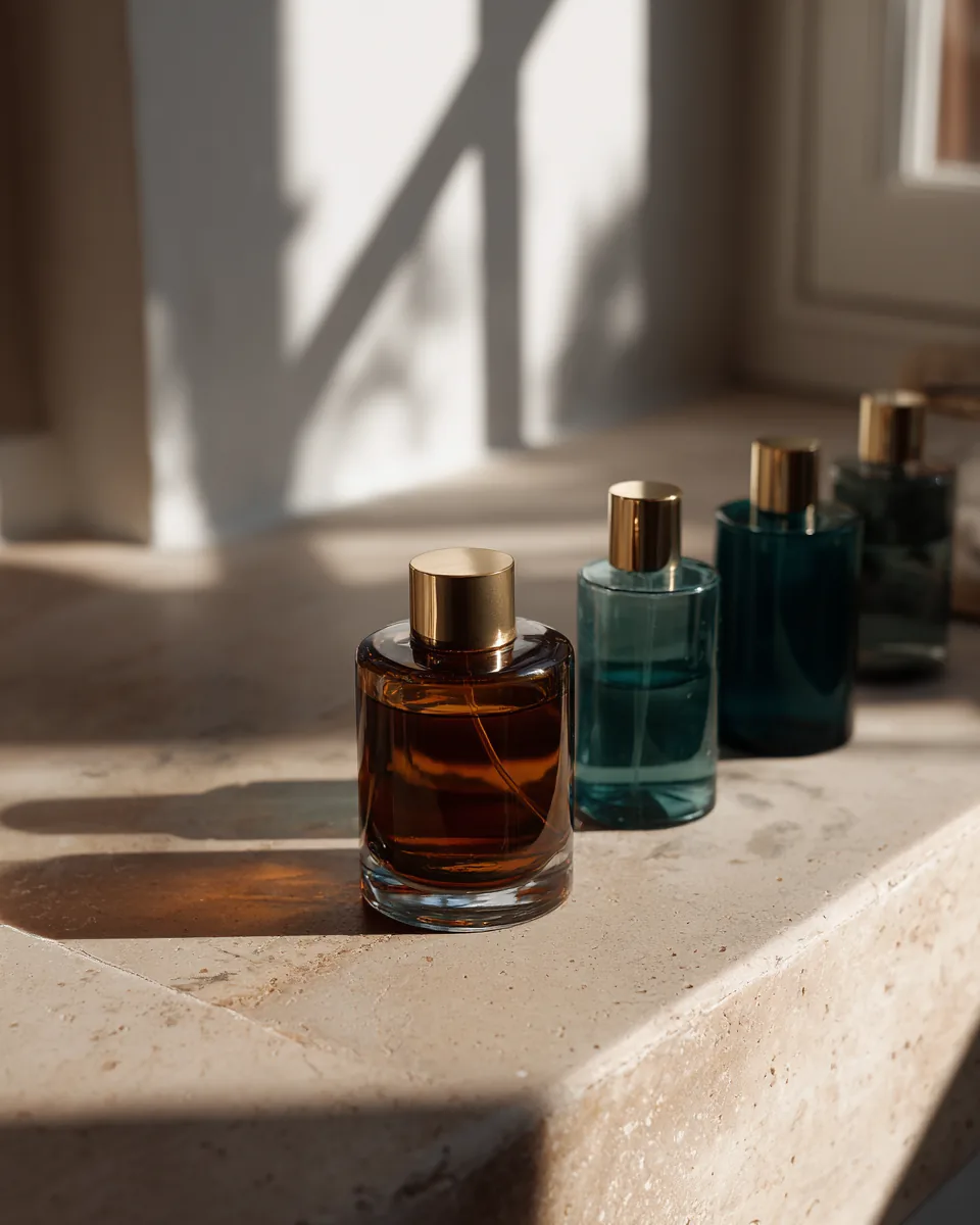Unbranded glass cosmetic bottles on a travertine shelf in soft light