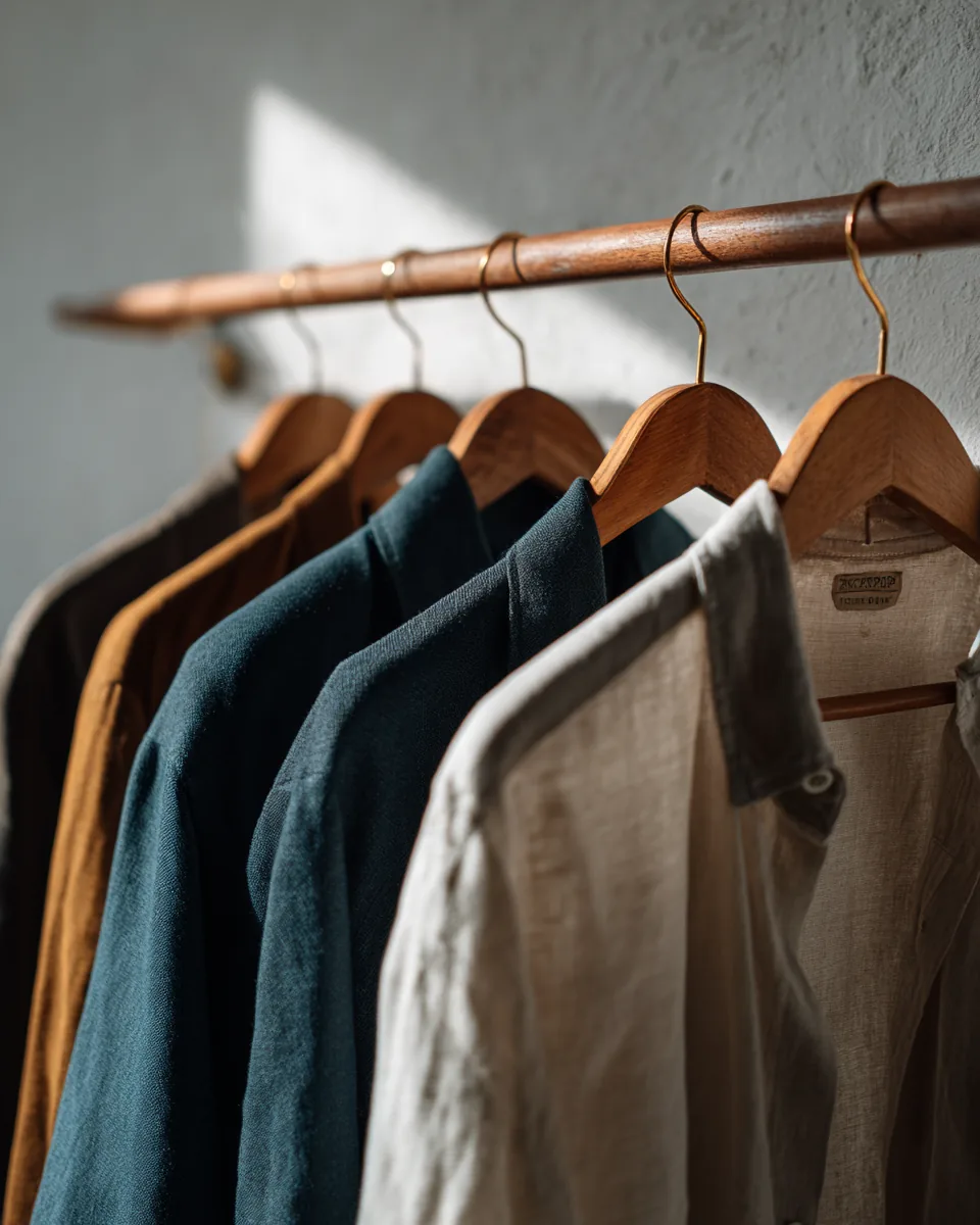 Garment rail with linen and wool pieces on a brass rail