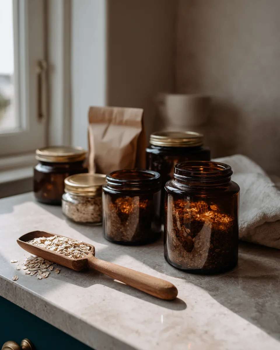 Amber glass jars and kraft pouches on a pale stone counter