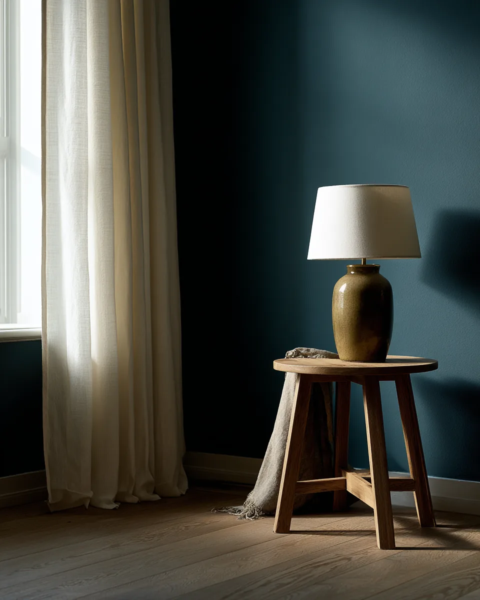 Oak side table with a ceramic vase against a deep-teal wall