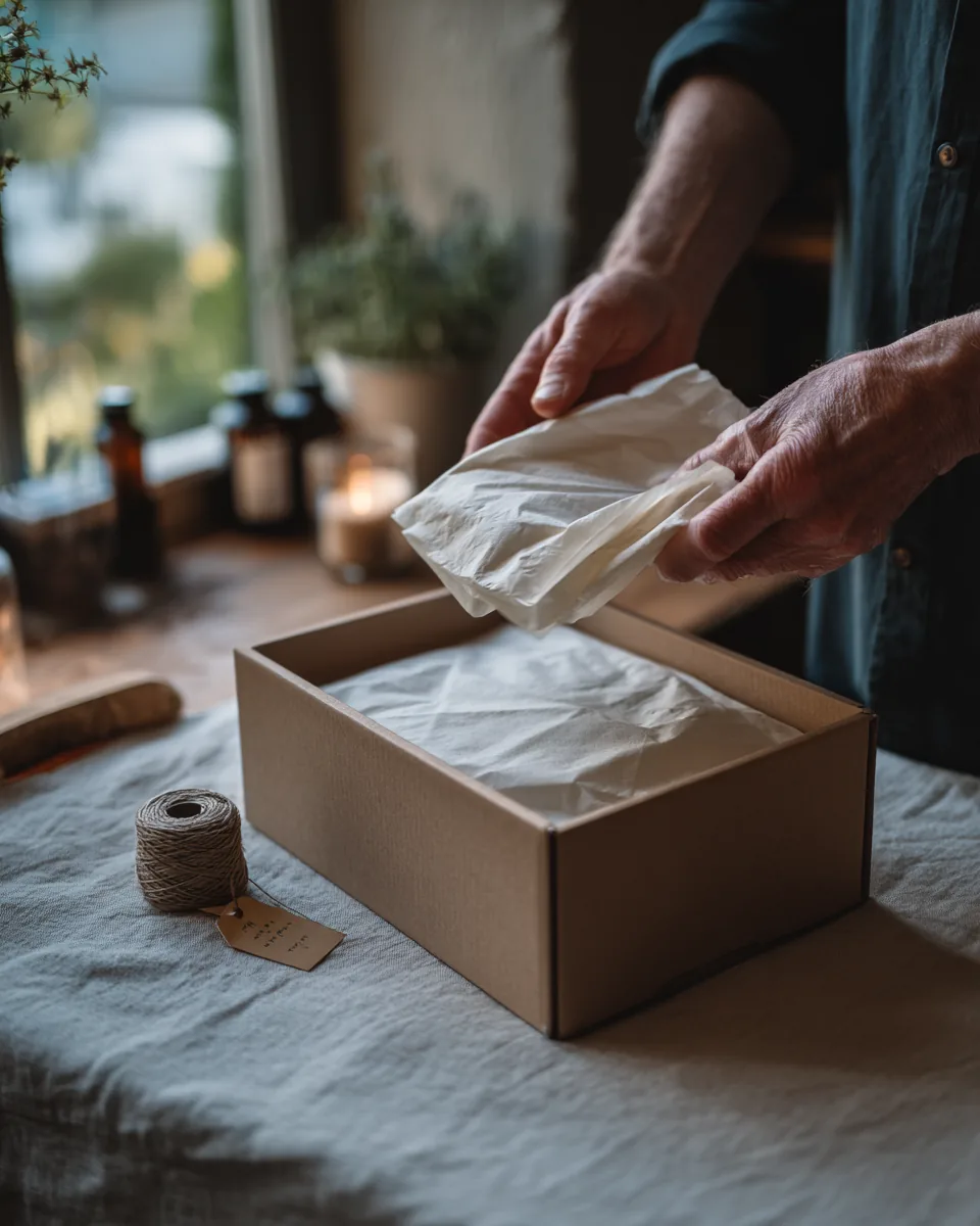 Hands folding tissue paper into a kraft delivery box