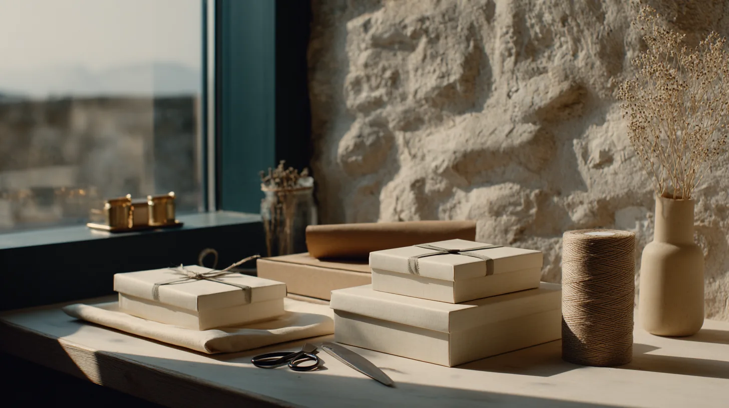 Product studio table with kraft boxes, twine and tissue paper by a stone wall
