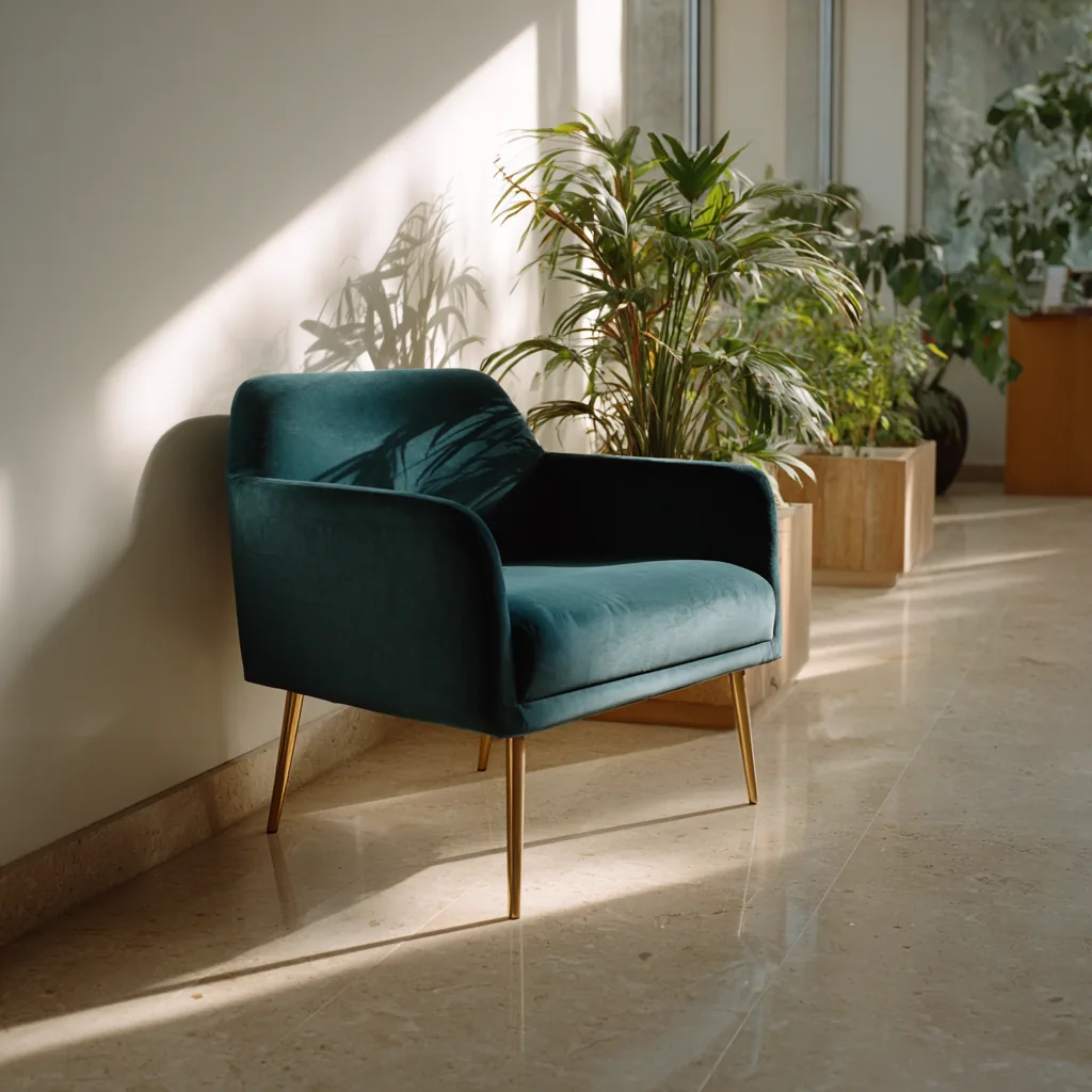 Teal armchair in a sunlit waiting area