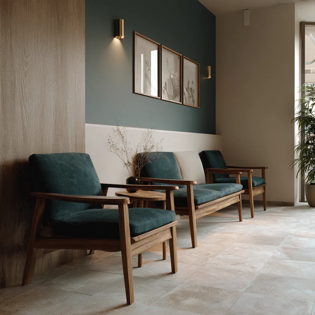 Two waiting chairs against a teal wall