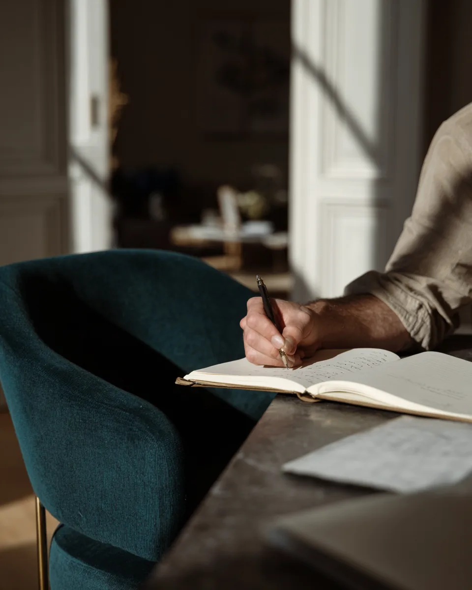 Open notebook and pencil on a desk beside a teal velvet chair