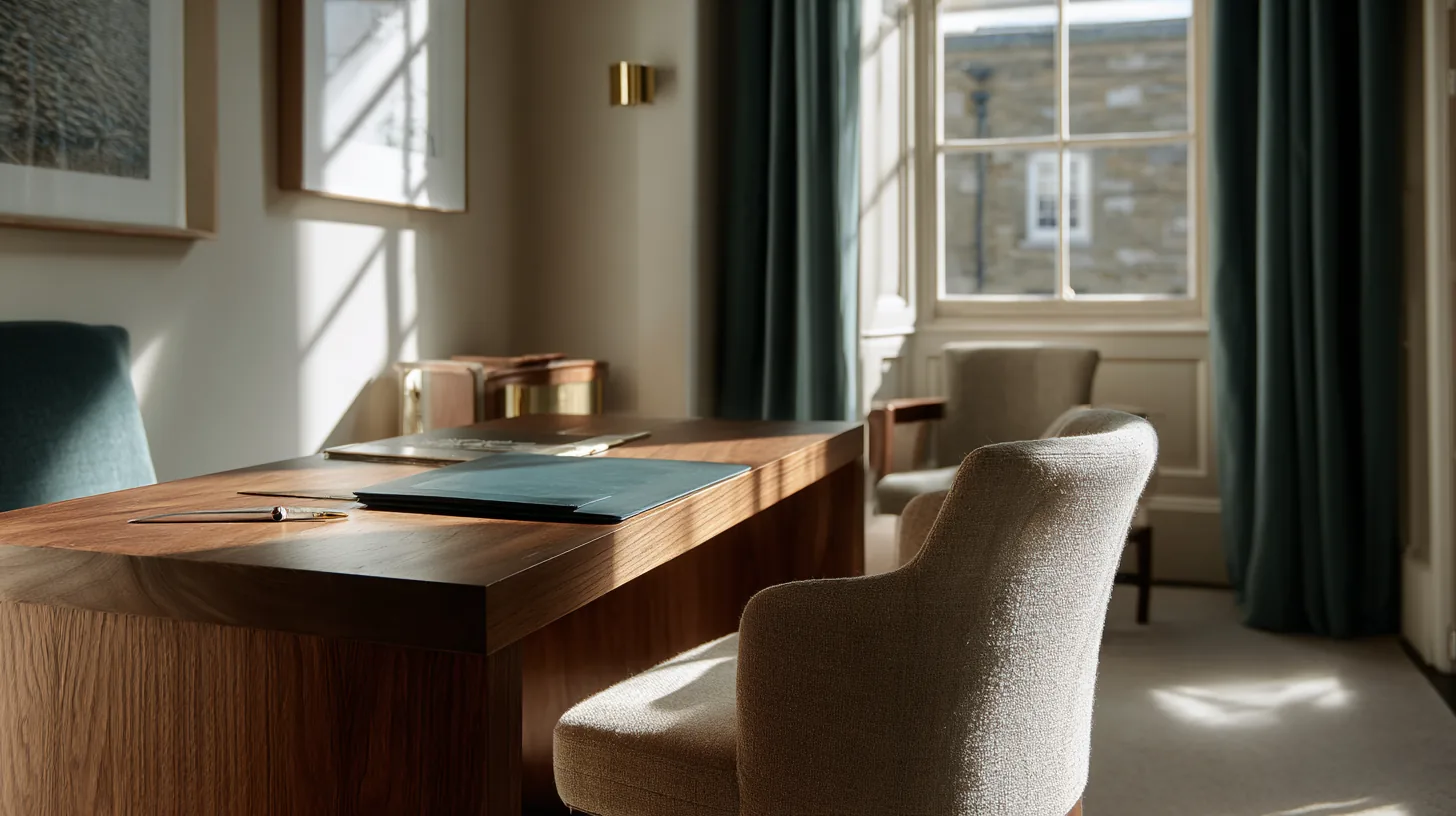Quiet meeting room with oak desk and linen chairs in morning light
