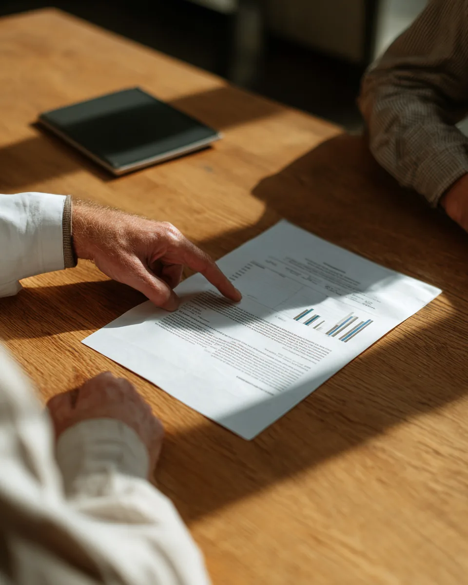 Two people reviewing a one-page report at a desk