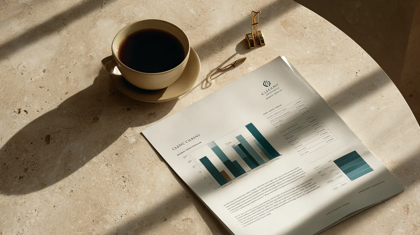 Printed performance report with bar charts beside a cup of coffee