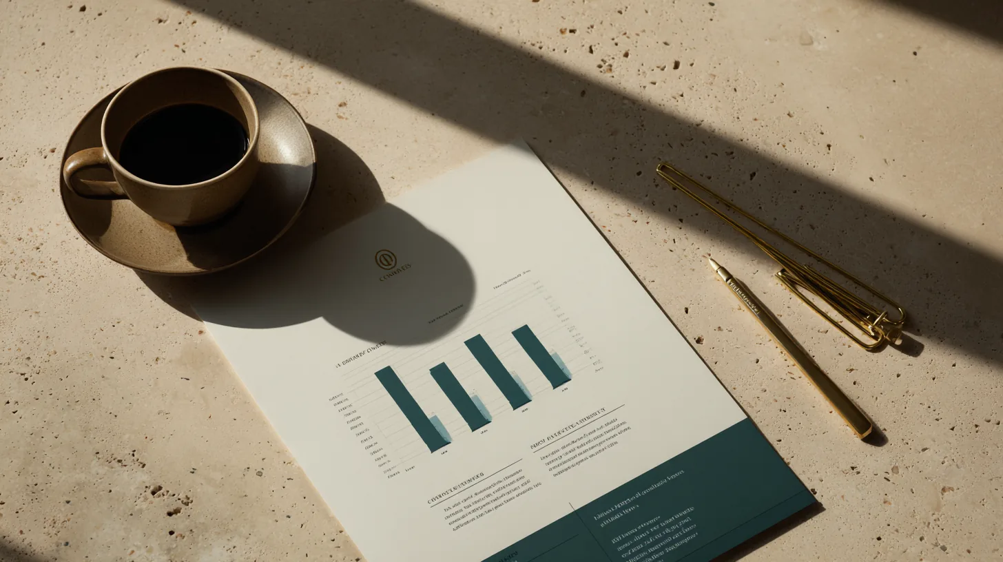 Printed page of data with a chart, coffee to one side