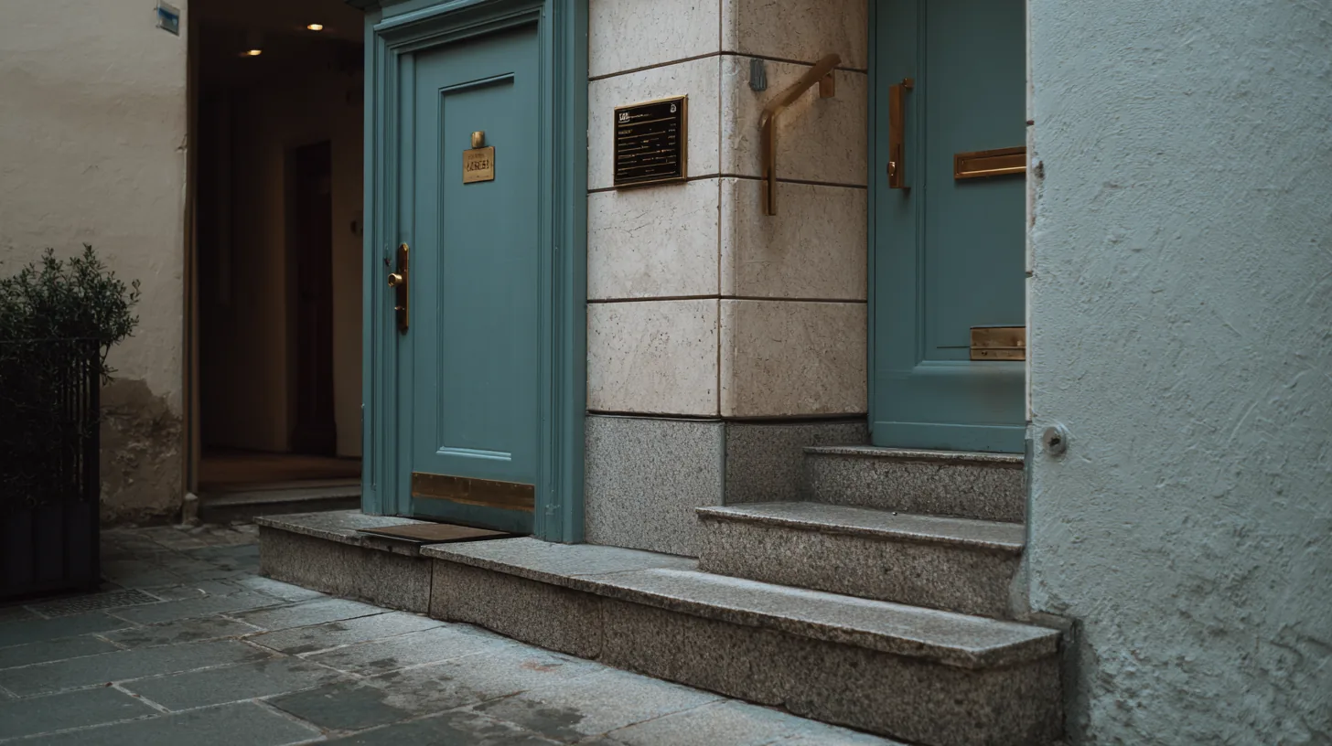 Entrance of a small European city hotel with a teal door