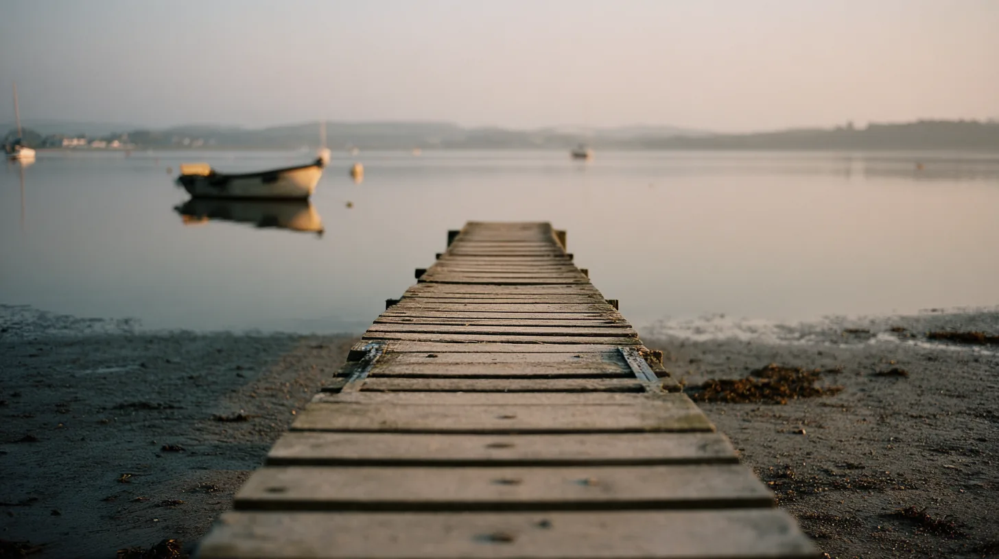 Wooden jetty leading into calm shallow water at dawn