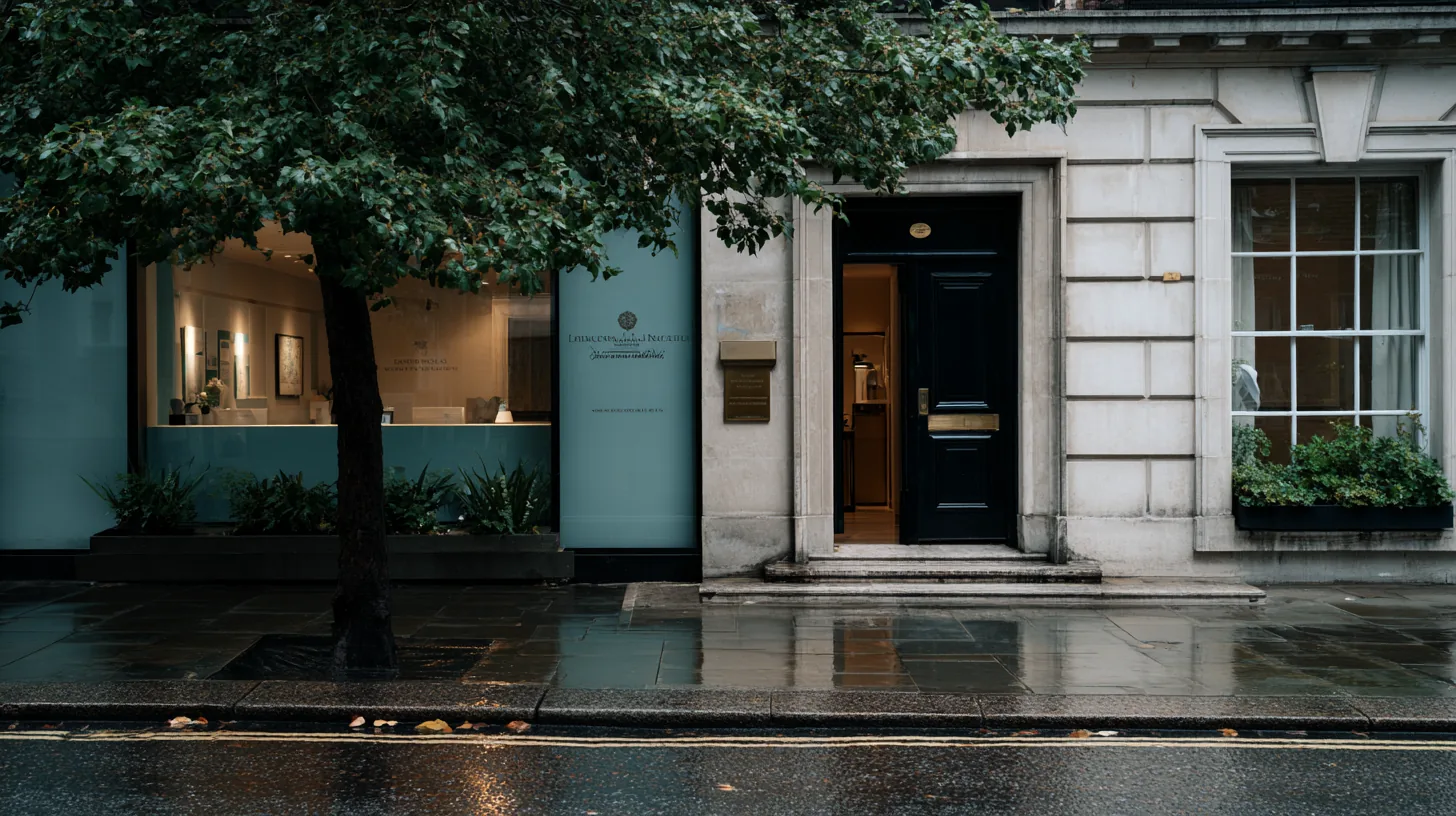 Stone facade and black door on a rain-washed London street