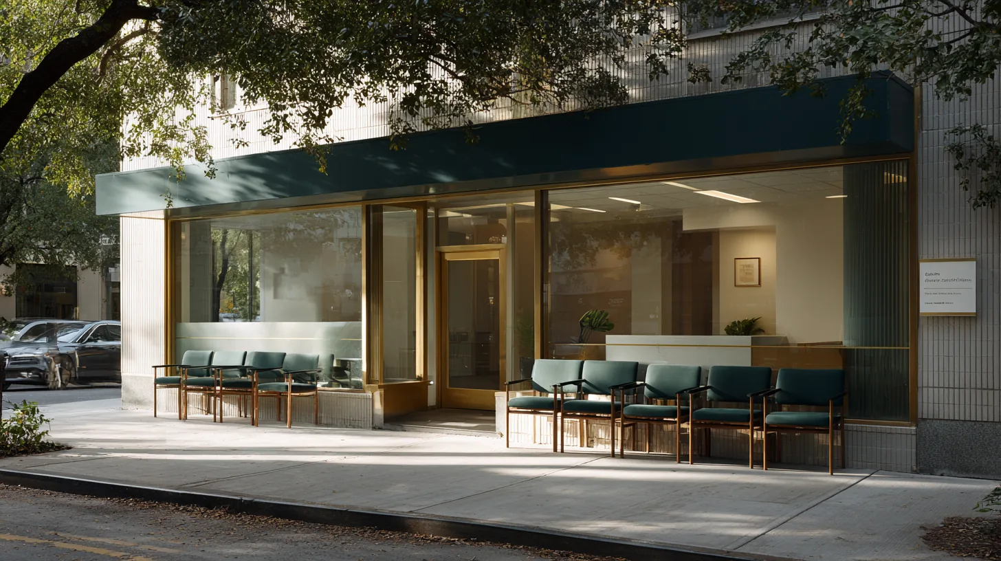 Street-level waiting area behind glass on a tree-lined American street