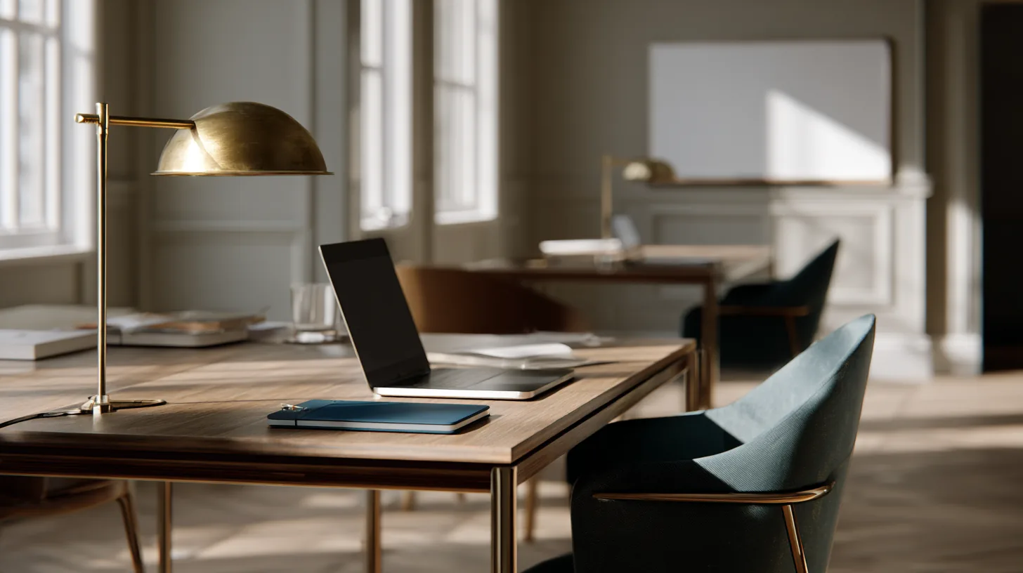 Product team workspace with oak desks, a brass lamp and a teal chair by tall windows
