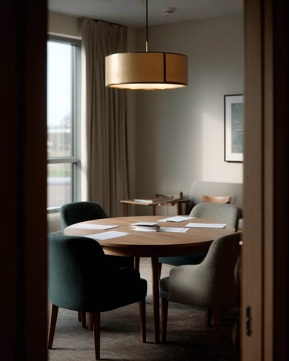Small meeting room seen from the doorway, papers laid out on a round table