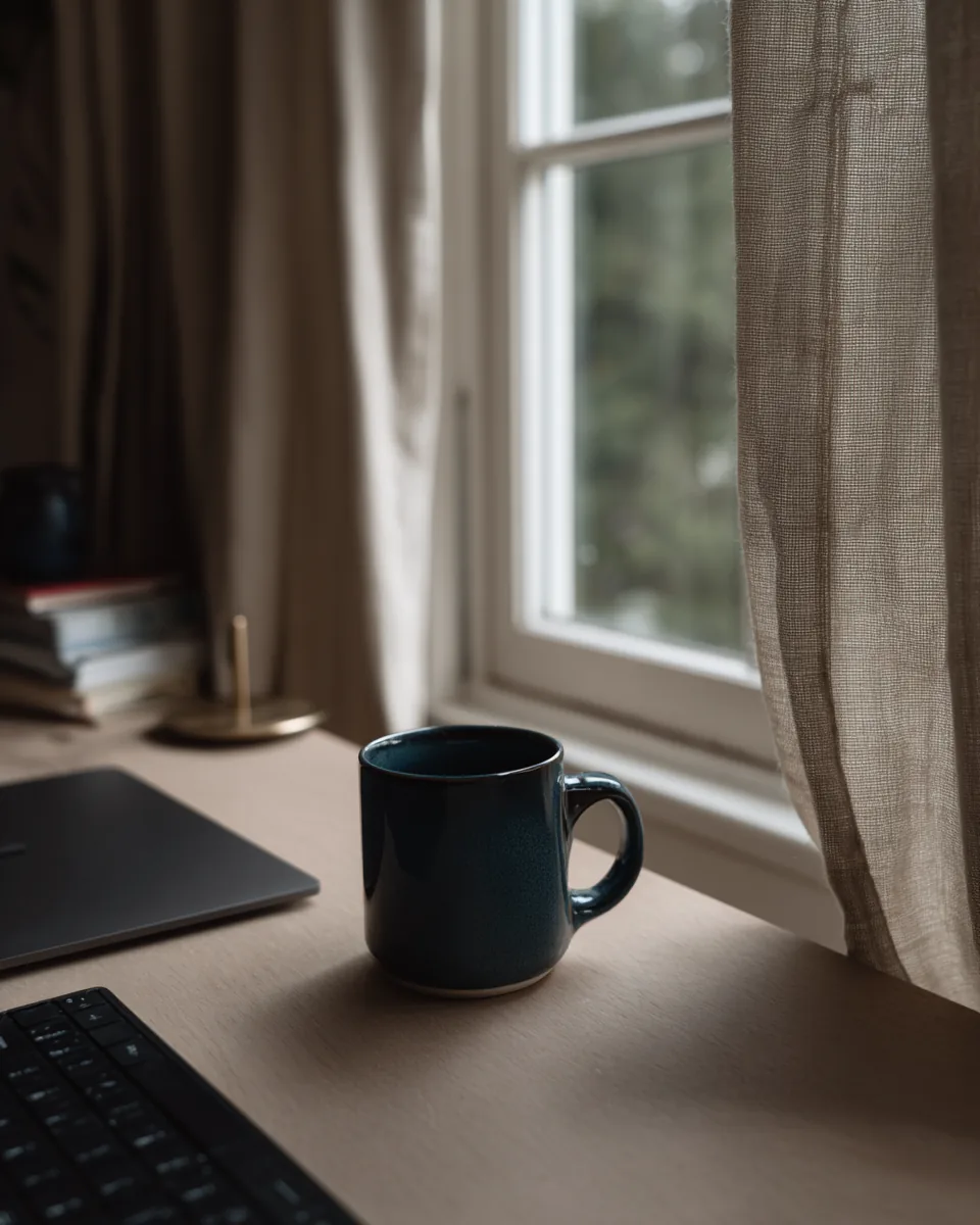 Minimal desk with a dark keyboard and a teal mug by a bright window