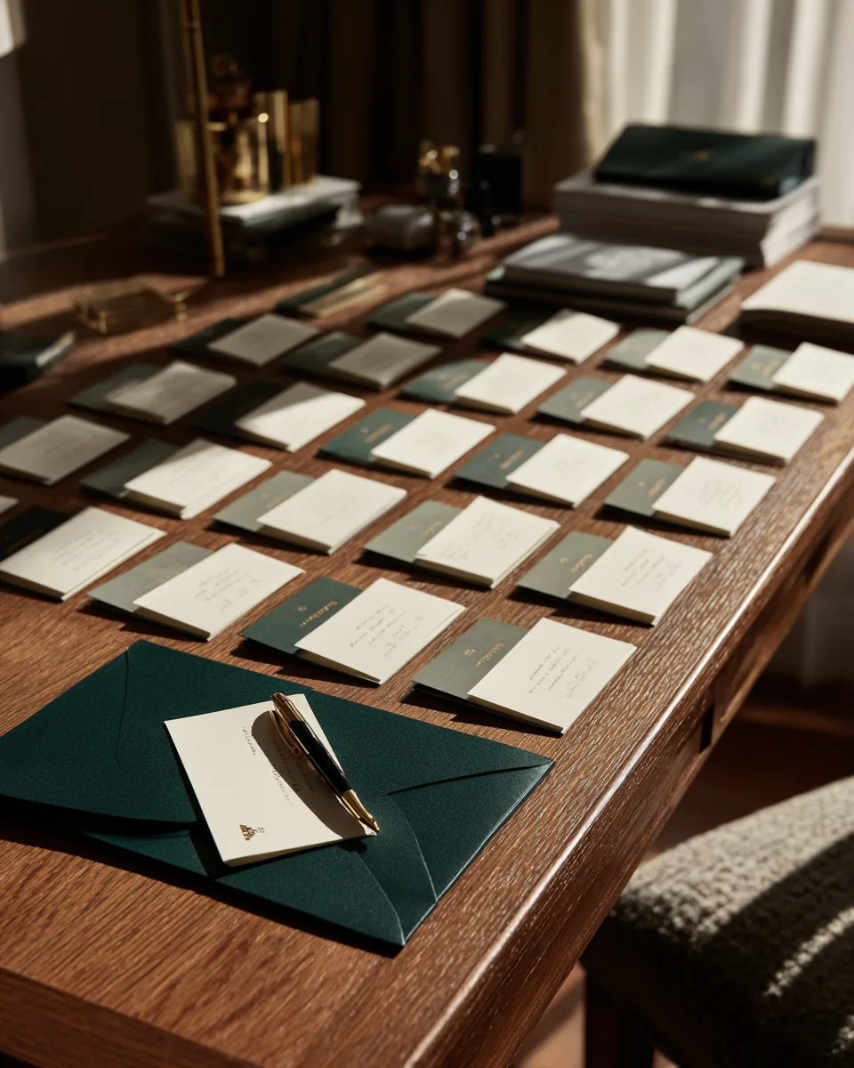 Overhead view of printed cards arranged in a neat grid on an oak desk