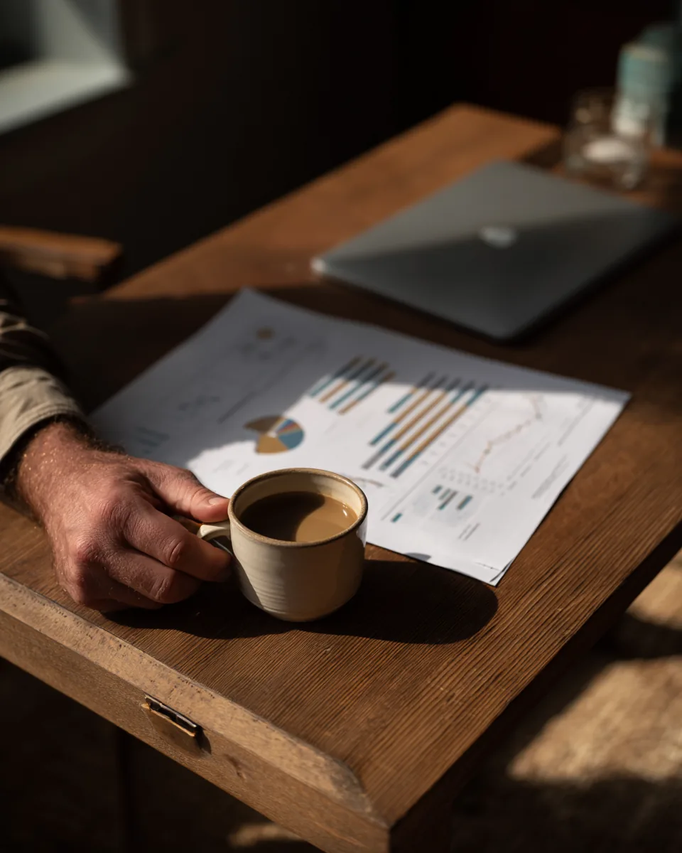 Hand placing a printed performance chart on an oak desk beside a cup of coffee
