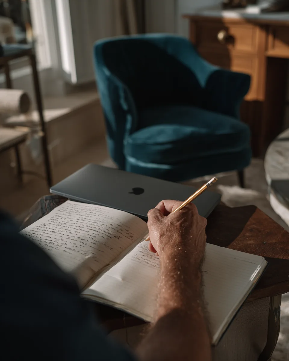 Hand writing in an open notebook beside a teal armchair